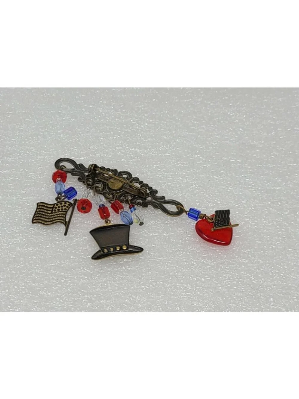Vintage Bar Pin Brooch w/ Dangling Charms Heart Hat American Flag